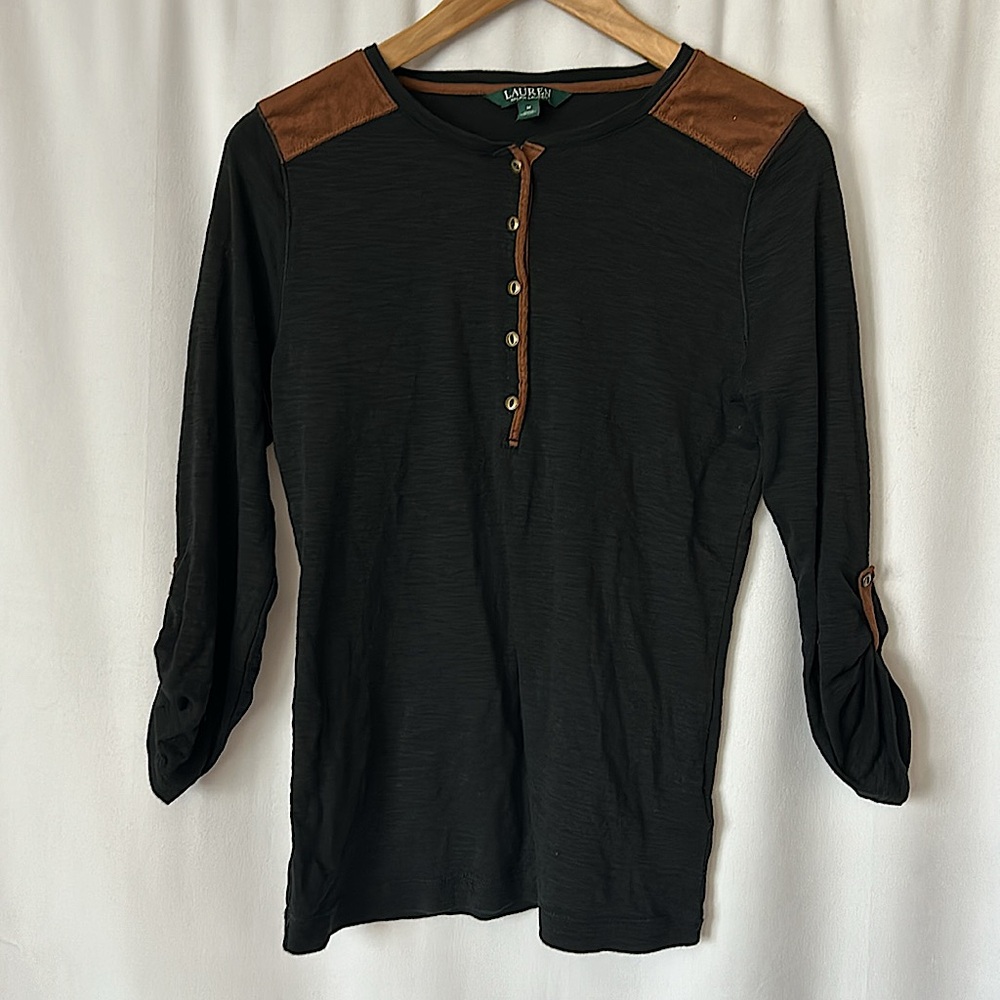 Lauren Ralph Lauren Black Henley Top with Brown Shoulder Accents